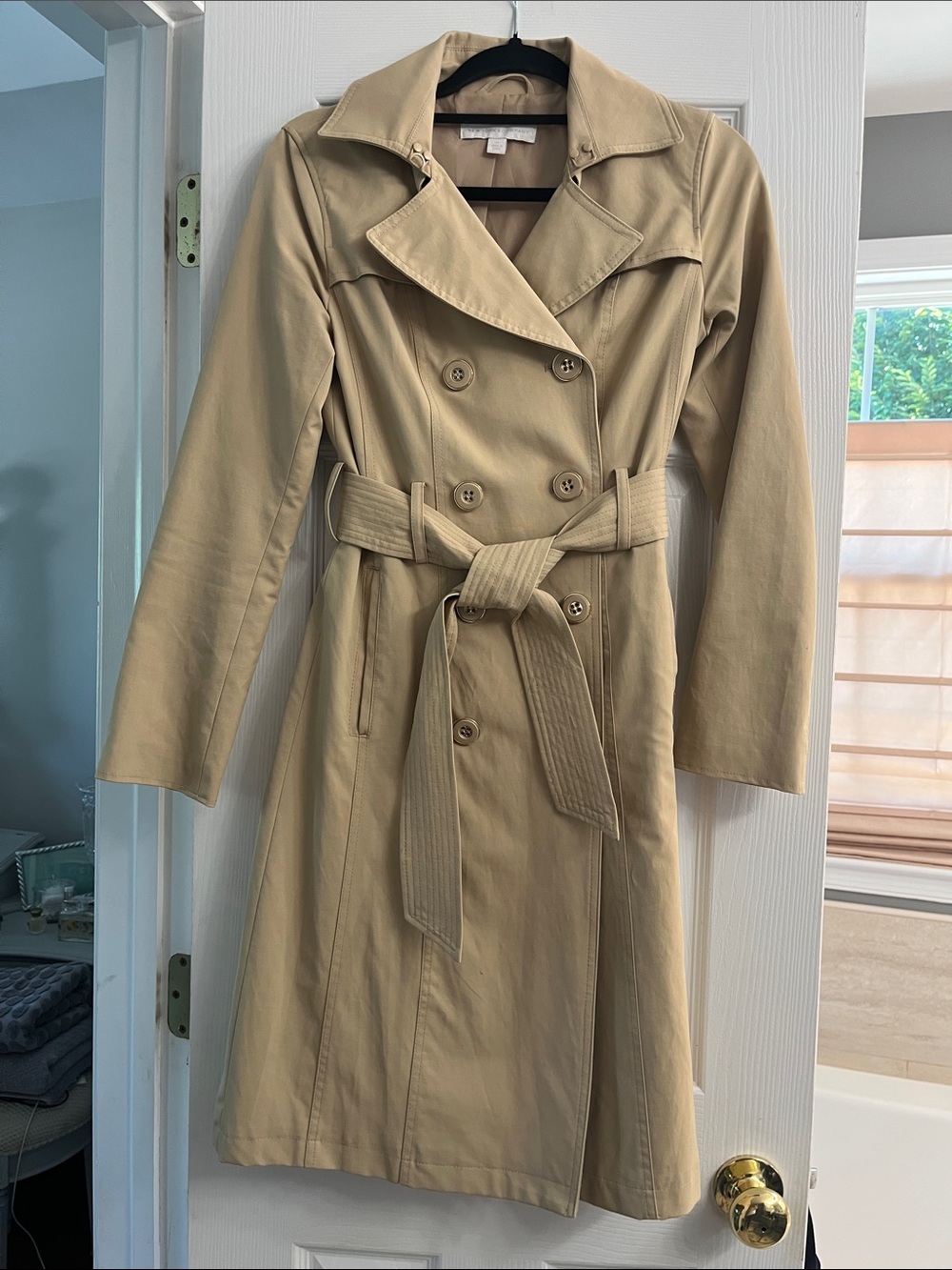 New York & Company Tan Double-Breasted Trench Coat with Belt